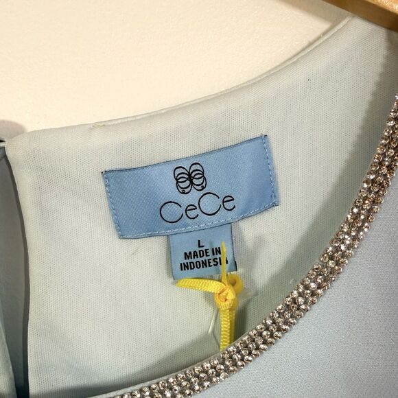 CeCe Blue Crystal Trim Neck Organza Hem Women’s L Party Holiday Evening Blouse - Picture 6 of 8